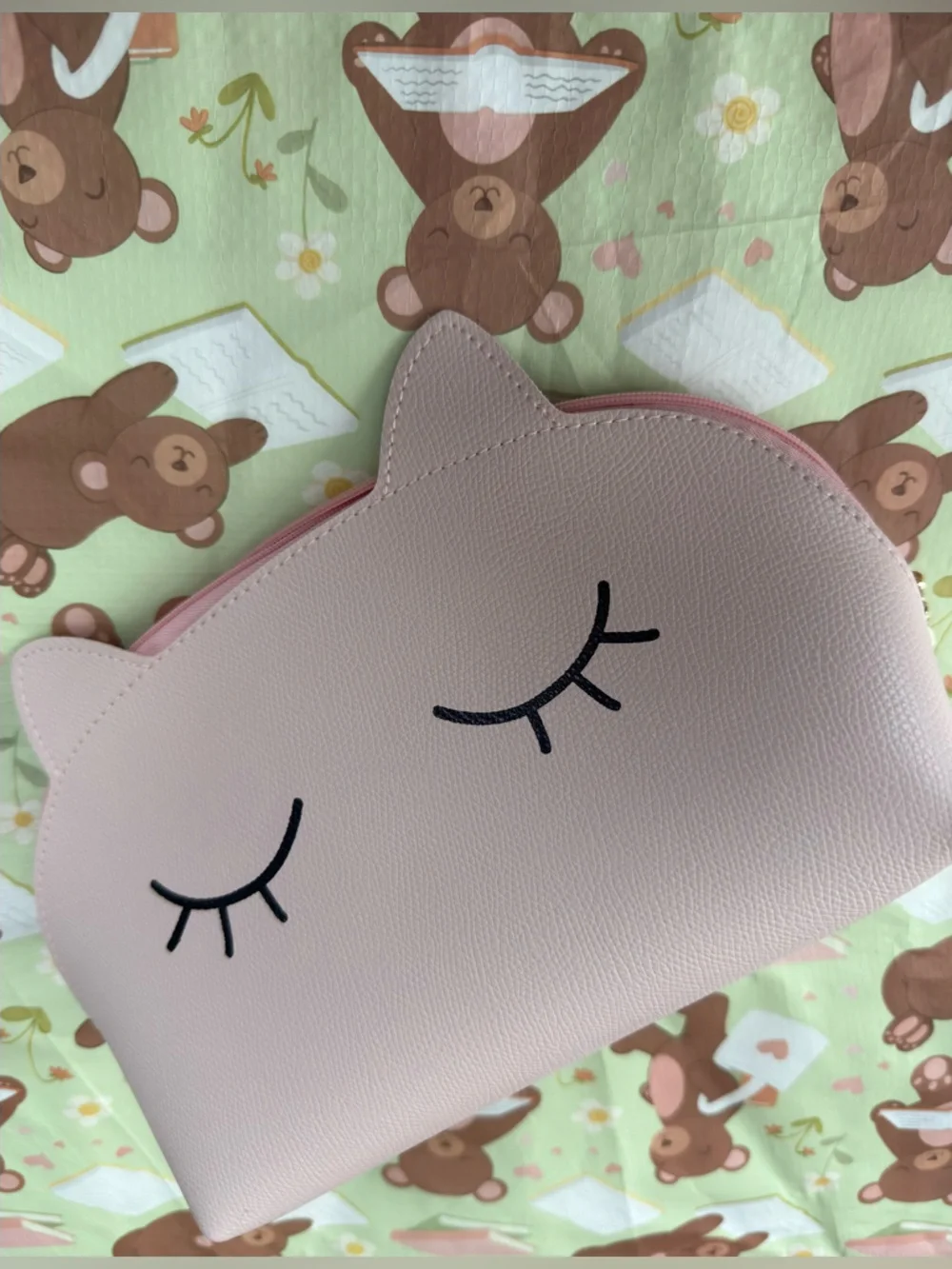 Adorable Baby Pink Cosmetic Bag with Gold Zipper and Cat Ears